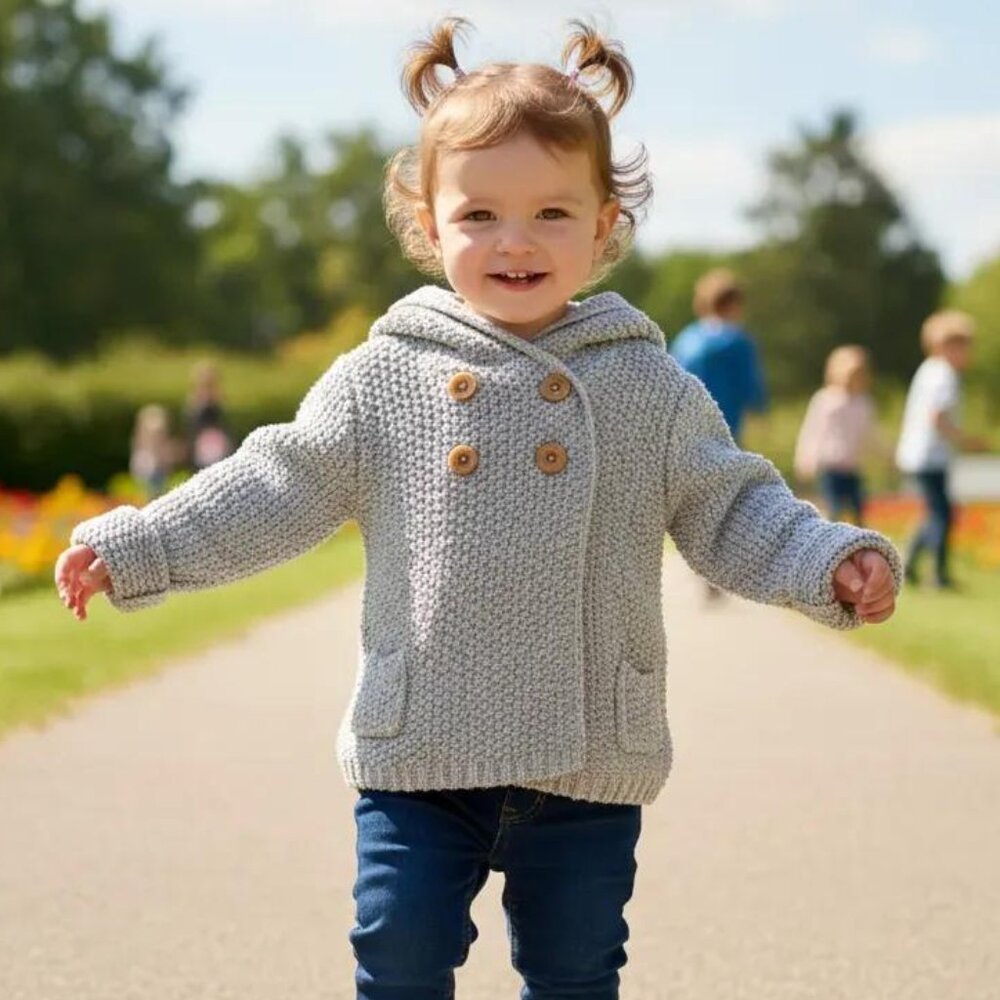 Beba Bean Heather Gray Knit Double-Breasted Hooded Jacket Size 6-12 Months